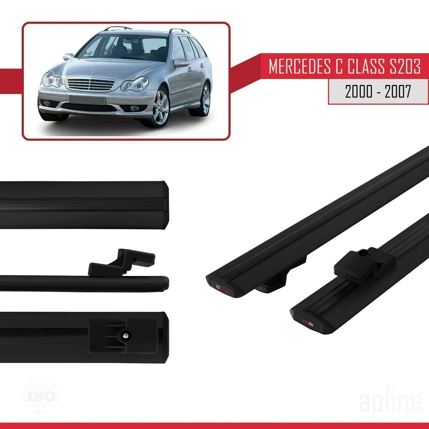 Compatible avec Mercedes Classe C 2 (S203) 2000-2007 BASIC Model Barres de Toit Railing Porte-Bagages de Voiture Noir Aluminium 2 Barres