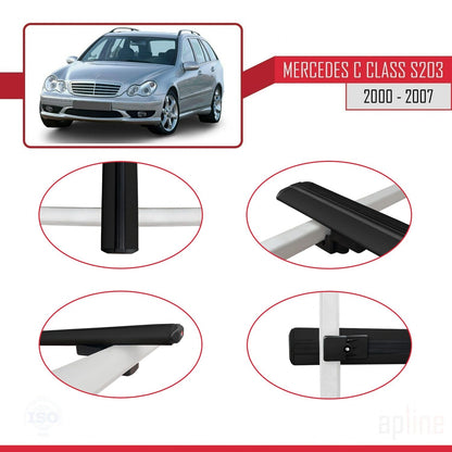 Compatible avec Mercedes Classe C 2 (S203) 2000-2007 BASIC Model Barres de Toit Railing Porte-Bagages de Voiture Noir Aluminium 2 Barres