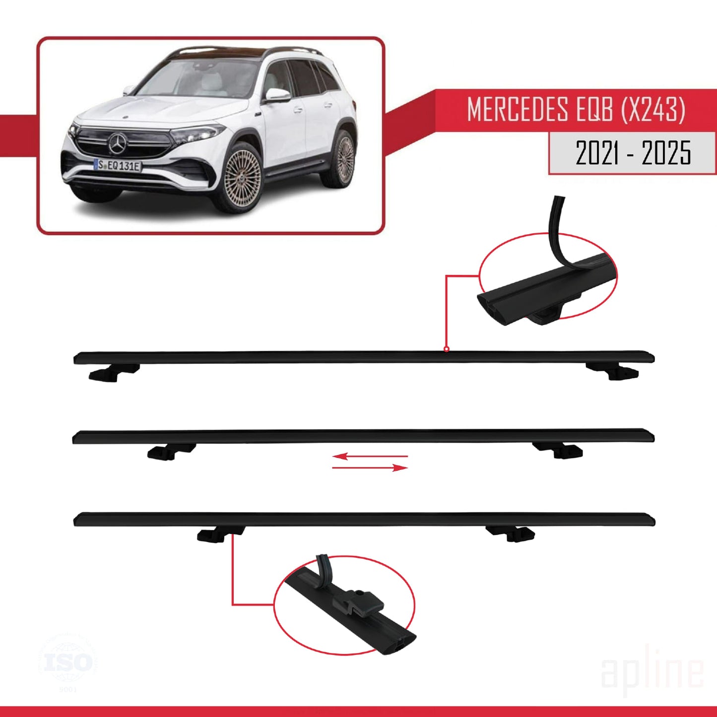 Compatible with Mercedes EQB (X243) 2021-2025 BASIC Model Car Roof Rack Cross Bar Black Aluminium 3 Bars