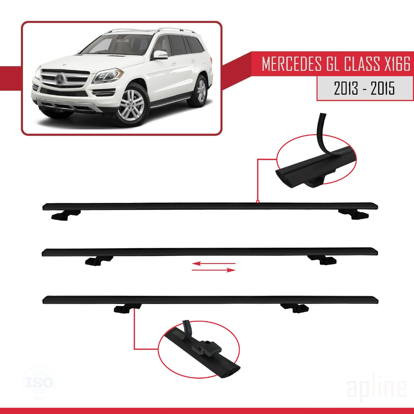 Compatible avec Mercedes Classe GL 2 (X166) Pre-Facelift 2013-2015 BASIC Model Barres de Toit Railing Porte-Bagages de Voiture Noir Aluminium 2 Barres