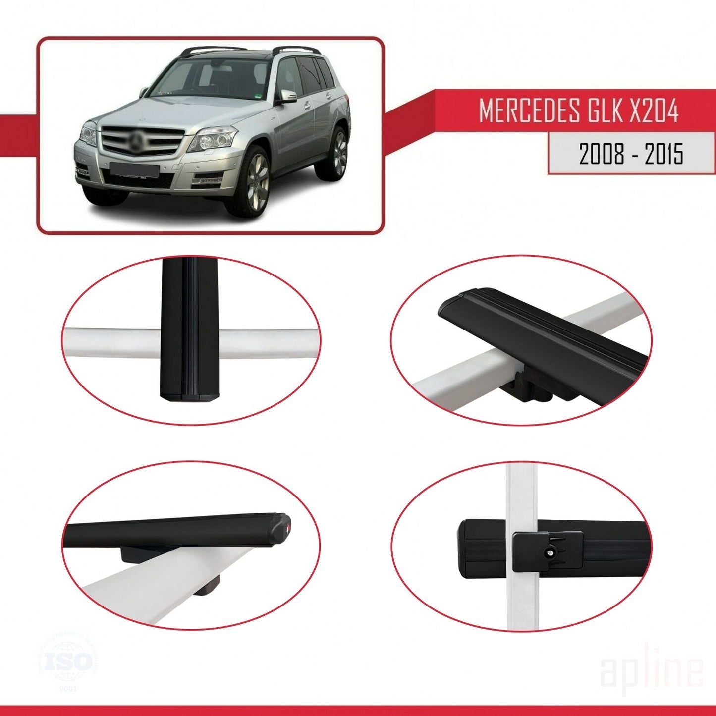 Compatible with Mercedes GLK Class (X204) 2008-2015 BASIC Model Car Roof Rack Cross Bar Black Aluminium 3 Bars