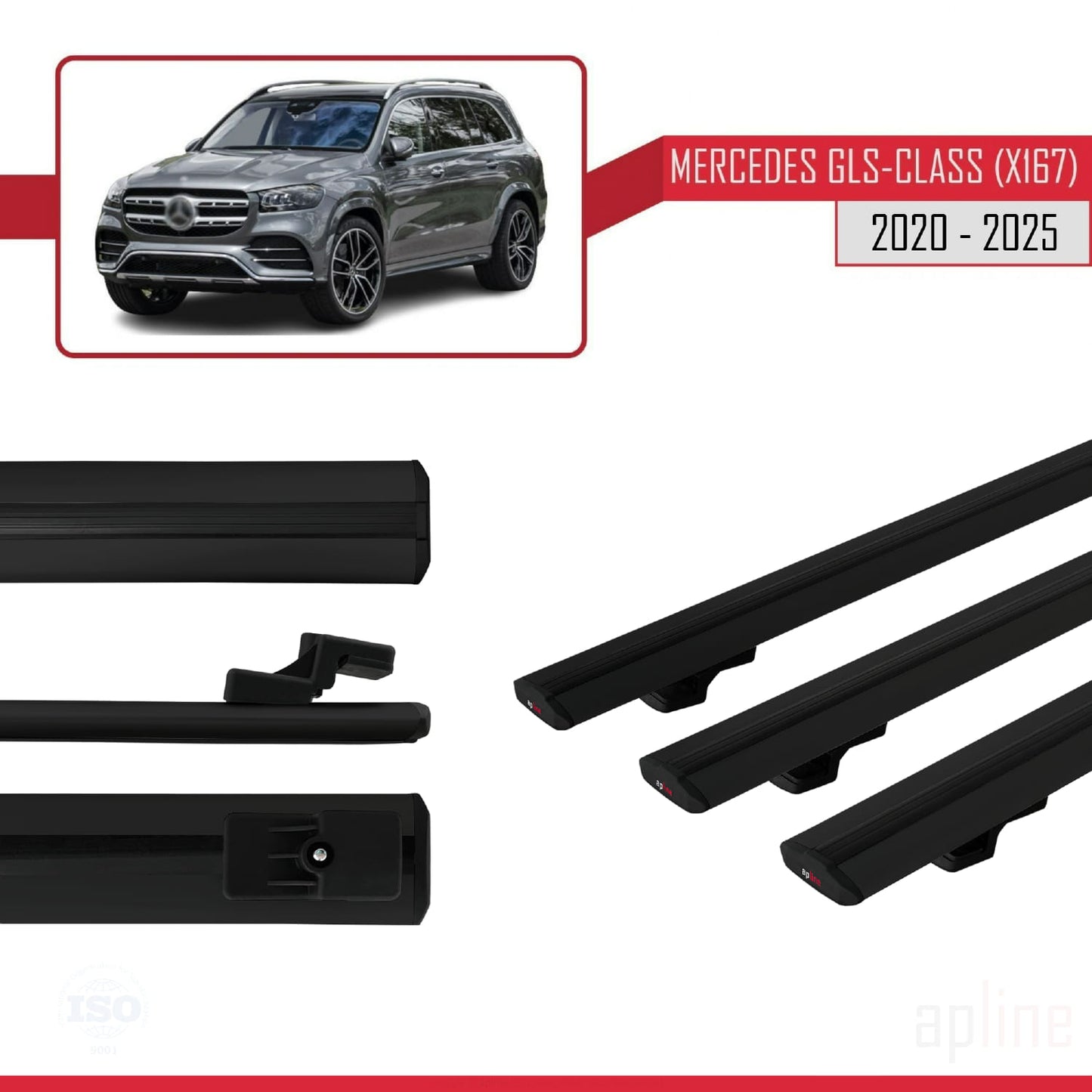 Compatible avec Mercedes Classe GLS (X167) 2020-2025 BASIC Model Barres de Toit Railing Porte-Bagages de Voiture Noir Aluminium 3 Barres