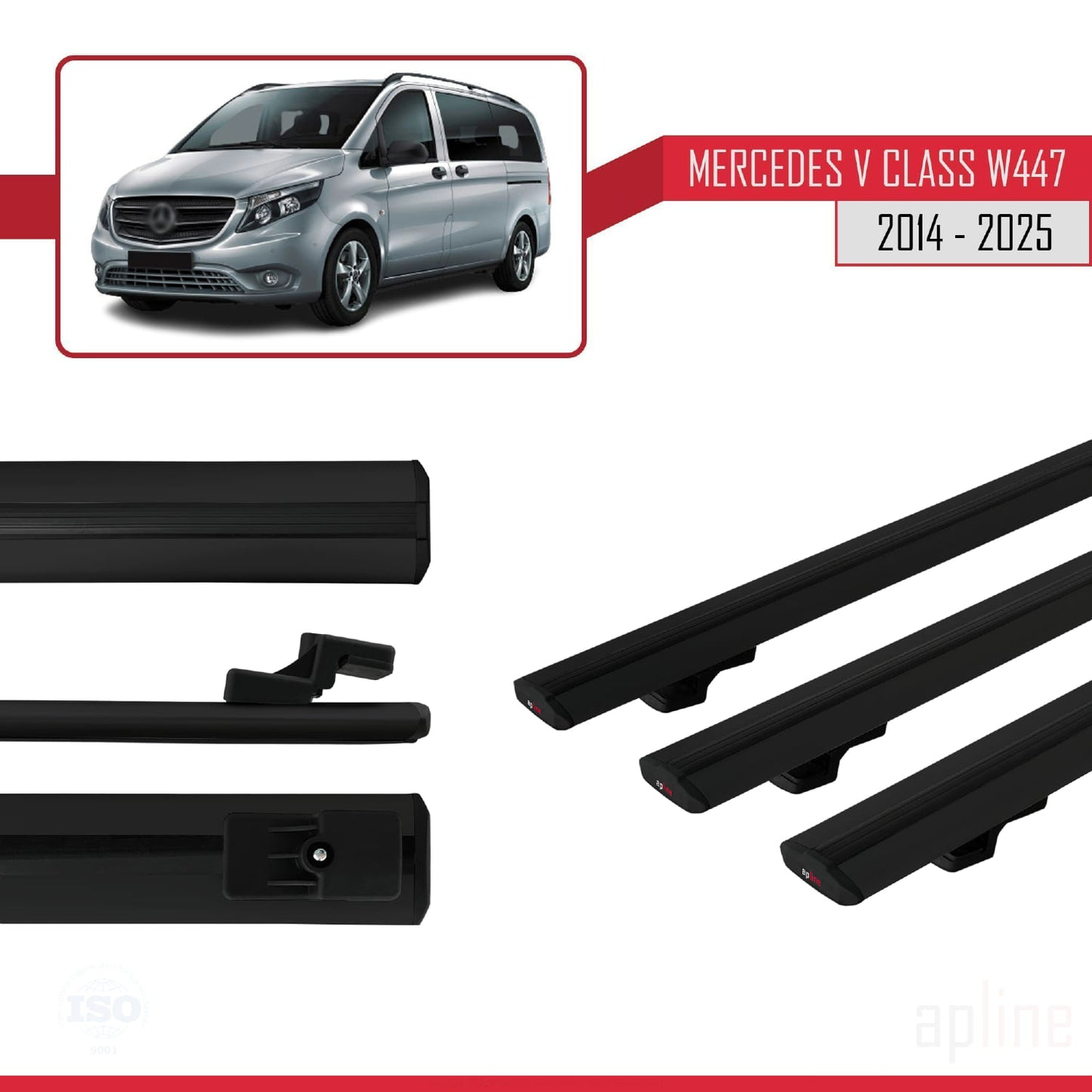 Compatible with Mercedes V Class 3 (W447) 2014-2025 BASIC Model Car Roof Rack Cross Bar Black Aluminium 3 Bars