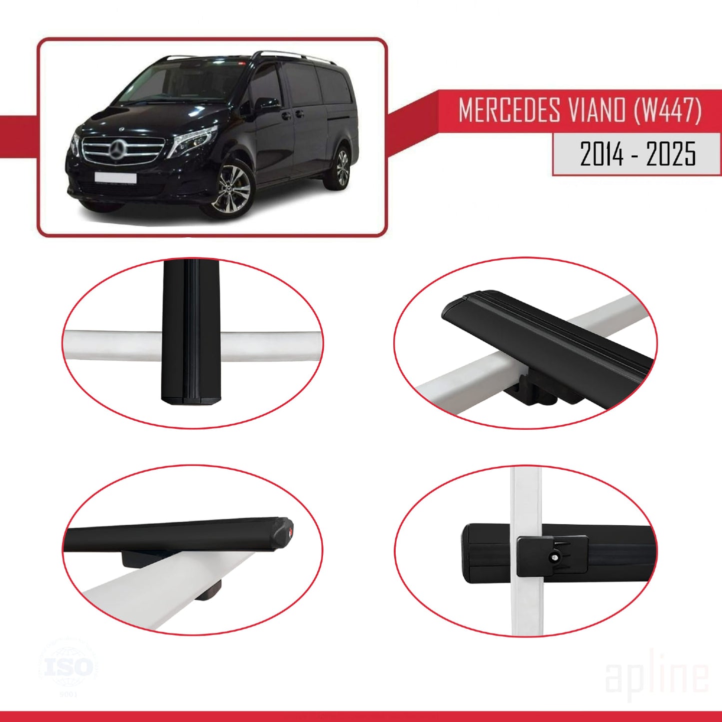 Compatible with Mercedes Viano 3 (W447) 2014-2025 BASIC Model Car Roof Rack Cross Bar Black Aluminium 3 Bars