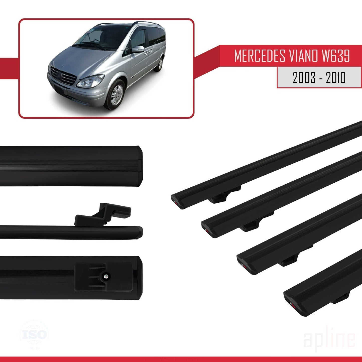 Compatible with Mercedes Viano 2 (W639) Pre-Facelift 2003-2010 BASIC Model Car Roof Rack Cross Bar Black Aluminium 4 Bars