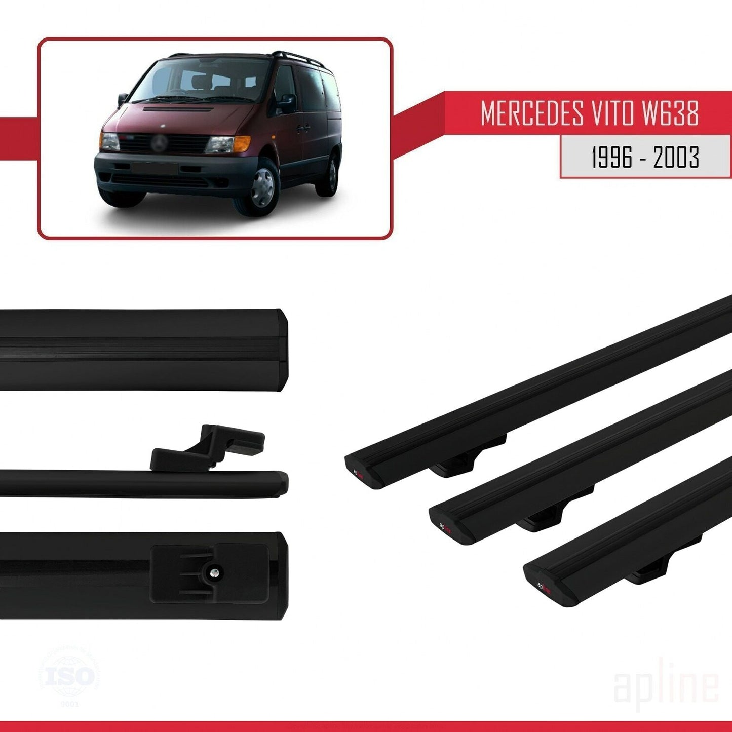 Compatible with Mercedes Vito (W638) 1996-2003 BASIC Model Car Roof Rack Cross Bar Black Aluminium 3 Bars