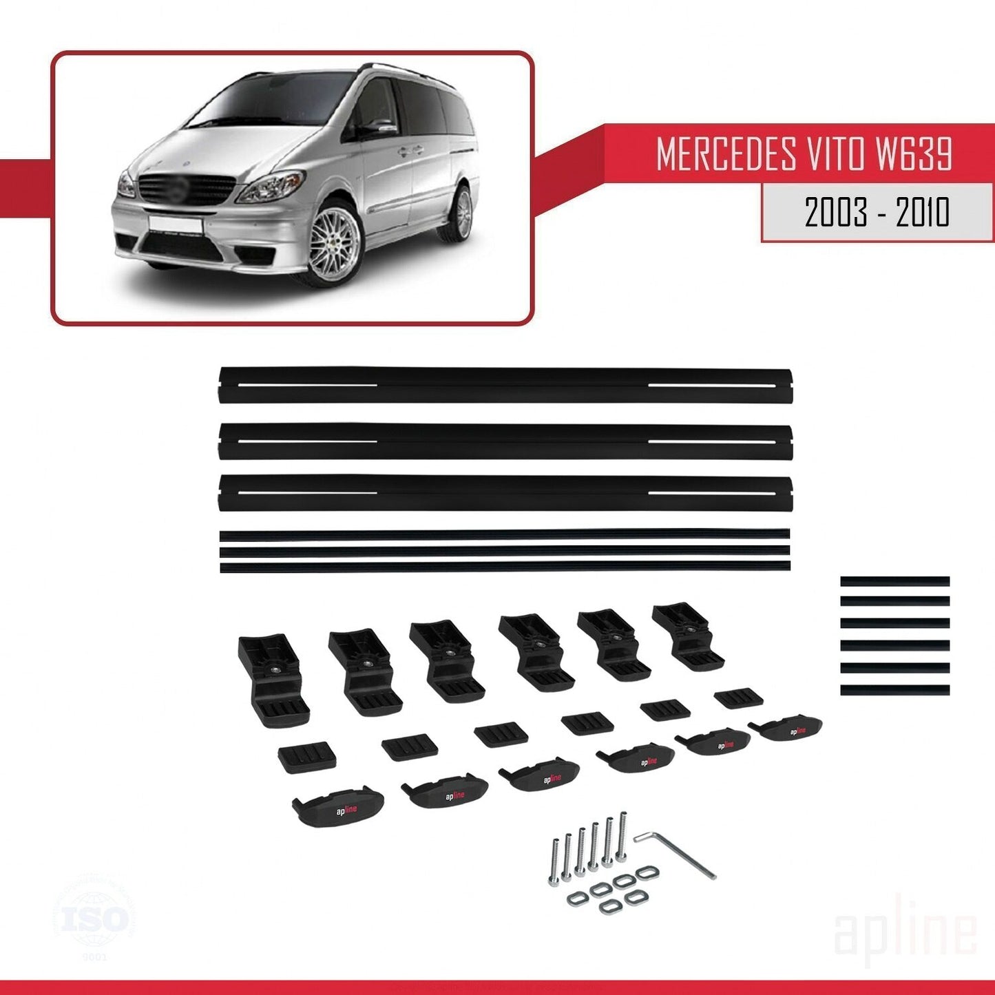 Compatible with Mercedes Vito 2 (W639) Pre-Facelift 2003-2010 BASIC Model Car Roof Rack Cross Bar Black Aluminium 3 Bars