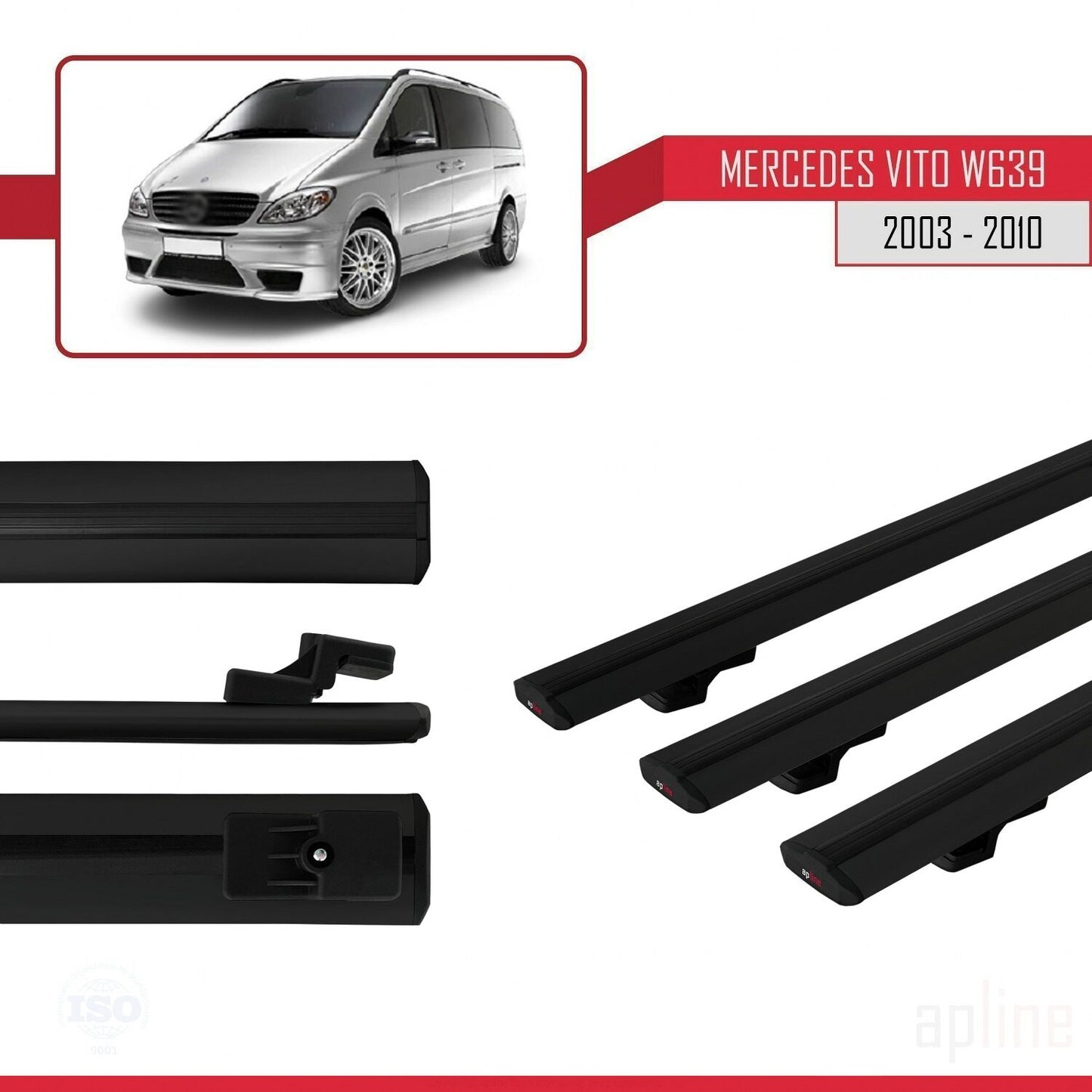 Compatible with Mercedes Vito 2 (W639) Pre-Facelift 2003-2010 BASIC Model Car Roof Rack Cross Bar Black Aluminium 3 Bars