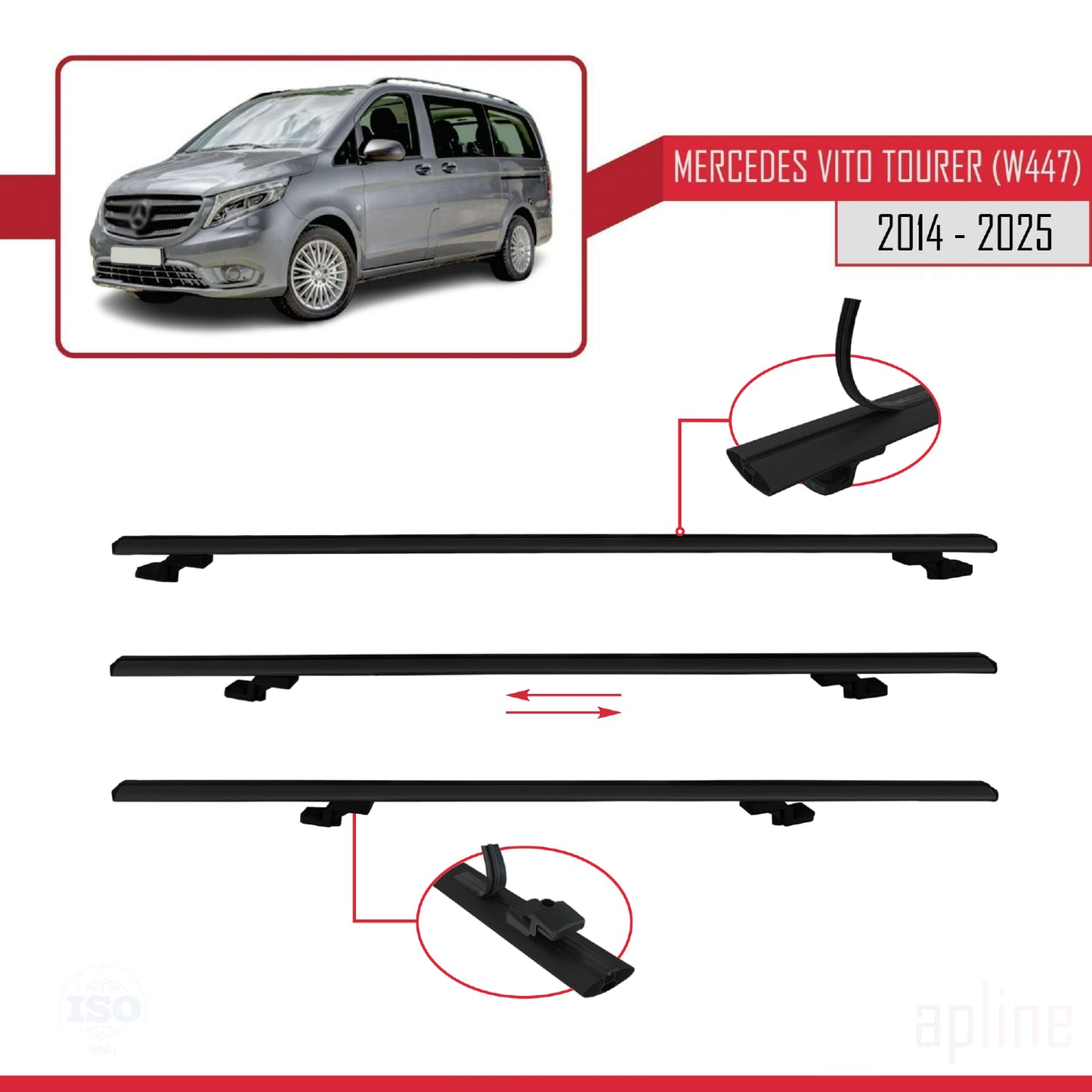 Compatible avec Mercedes Vito Tourer (W447) 2014-2025 BASIC Model Barres de Toit Railing Porte-Bagages de Voiture Noir Aluminium 2 Barres