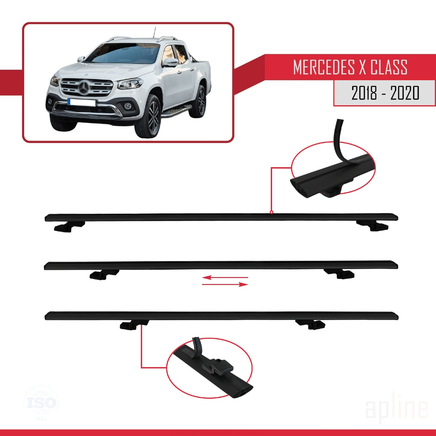 Compatible with Mercedes X Class (470) 2018-2020 BASIC Model Car Roof Rack Cross Bar Black Aluminium 2 Bars