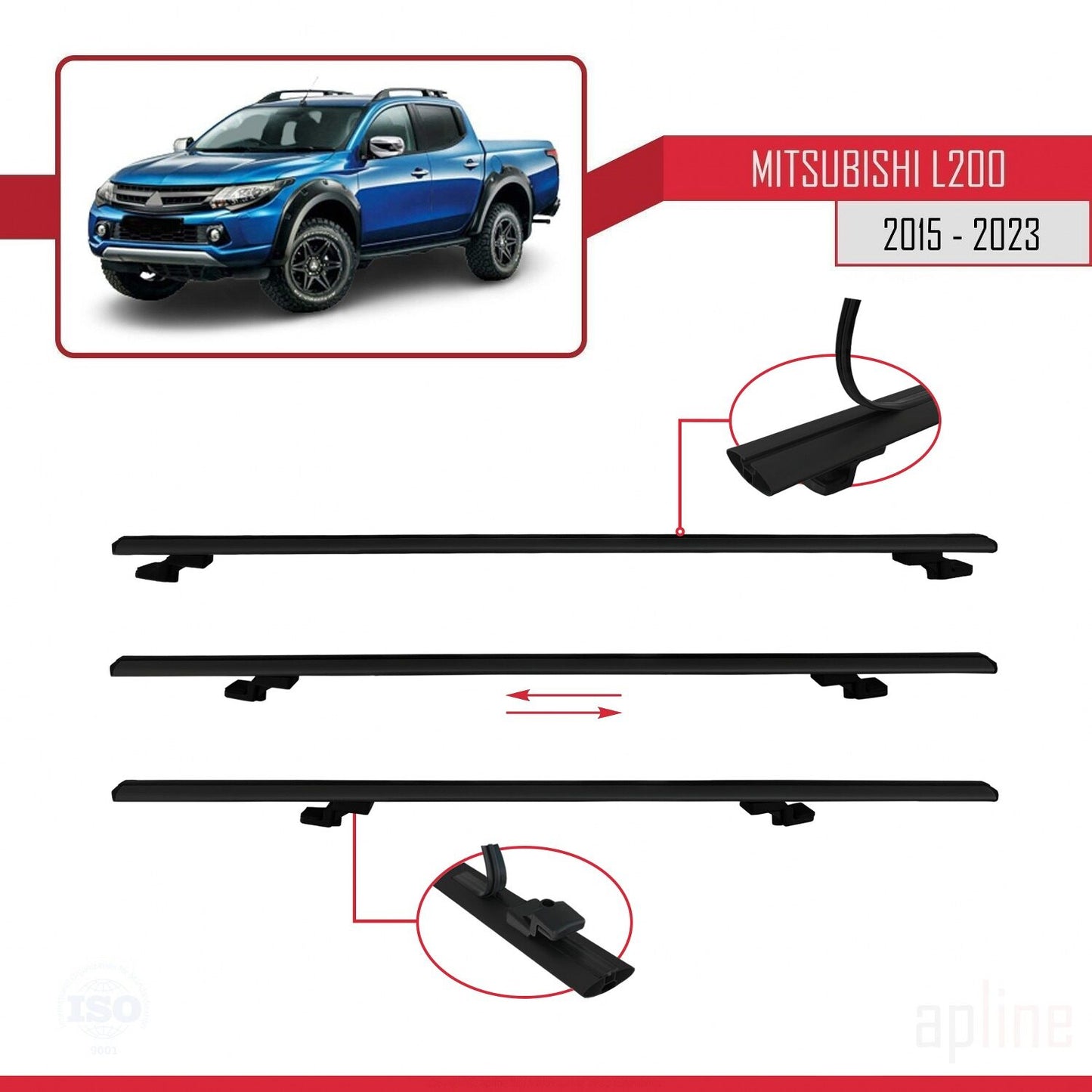 Compatible avec Mitsubishi L200 V 2015-2023 BASIC Model Barres de Toit Railing Porte-Bagages de Voiture Noir Aluminium 3 Barres