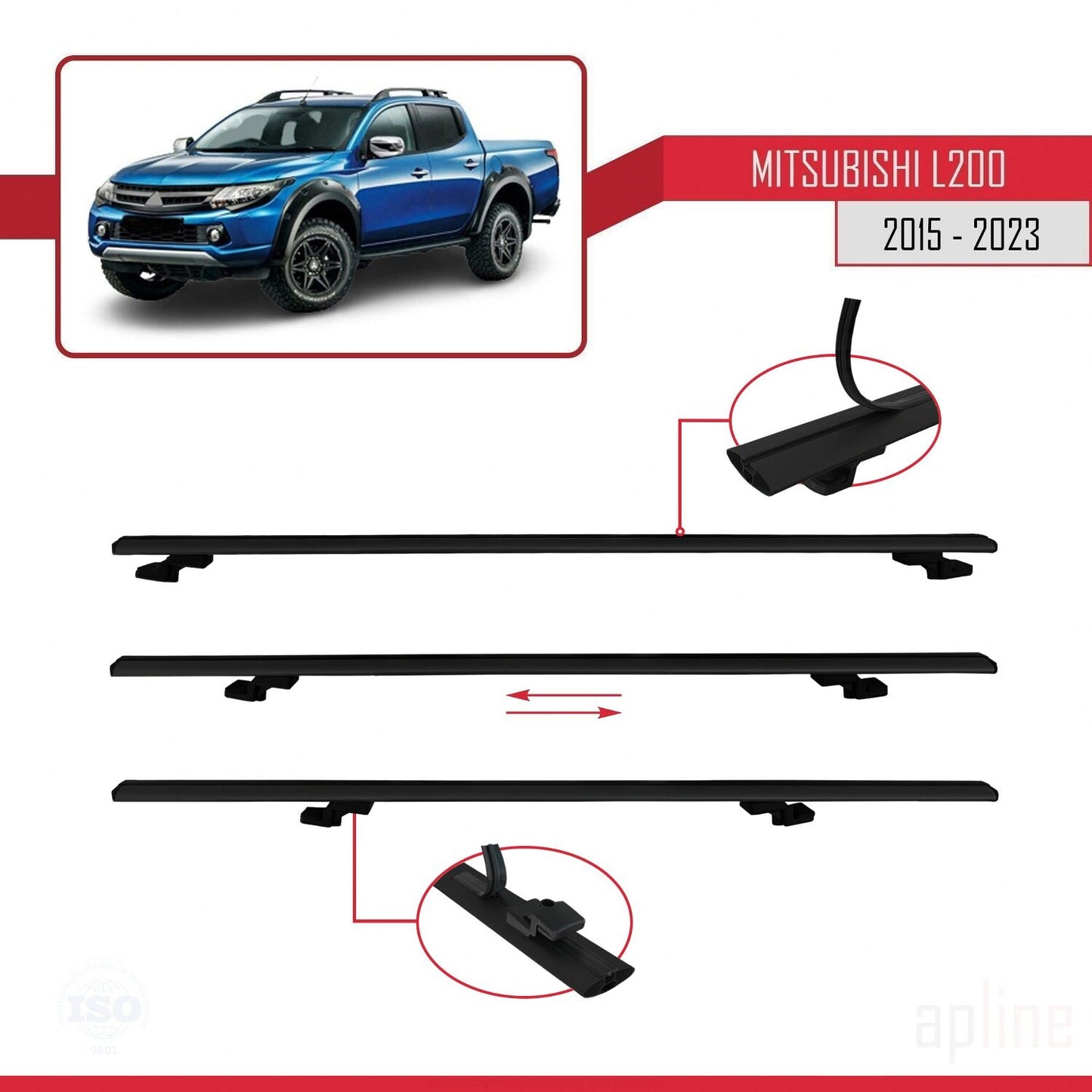 Compatible avec Mitsubishi L200 V 2015-2023 BASIC Model Barres de Toit Railing Porte-Bagages de Voiture Noir Aluminium 2 Barres