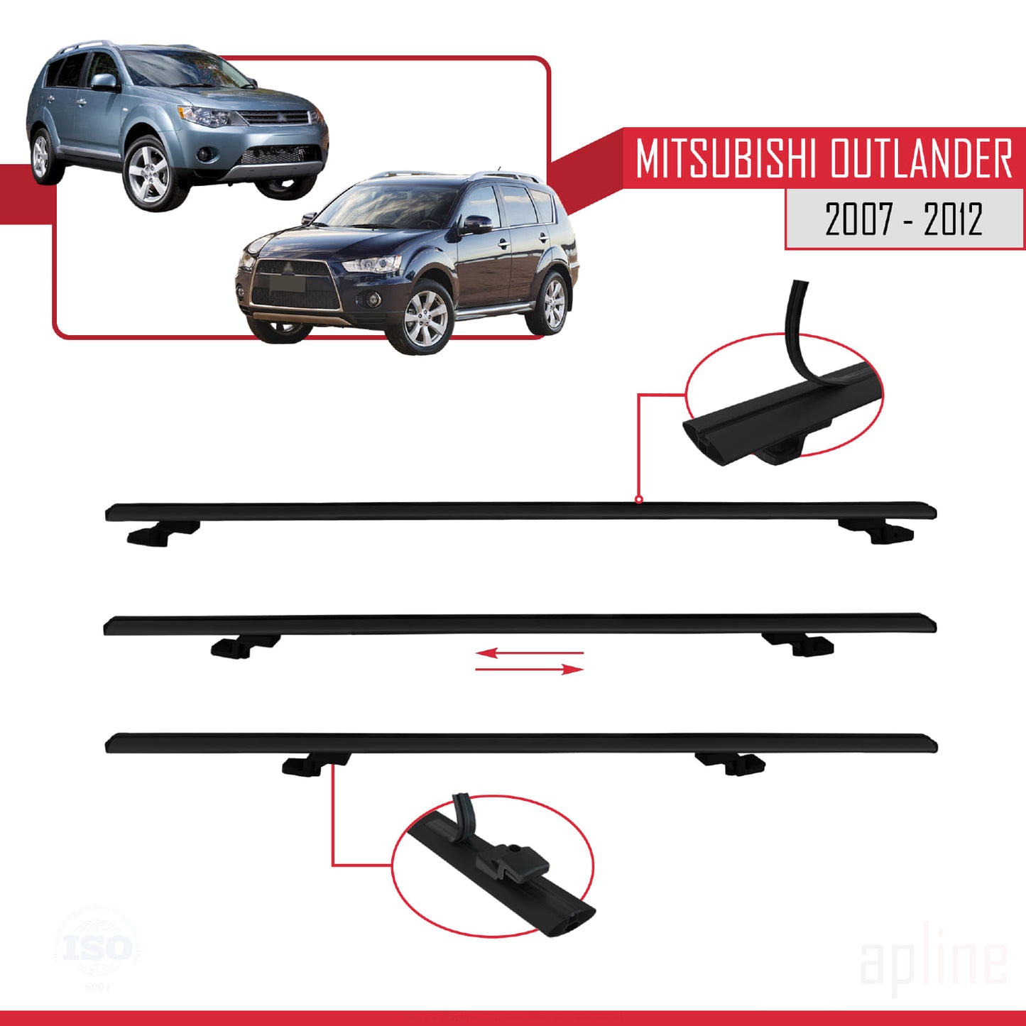 Compatible avec Mitsubishi Outlander 2 2007-2012 BASIC Model Barres de Toit Railing Porte-Bagages de Voiture Noir Aluminium 3 Barres