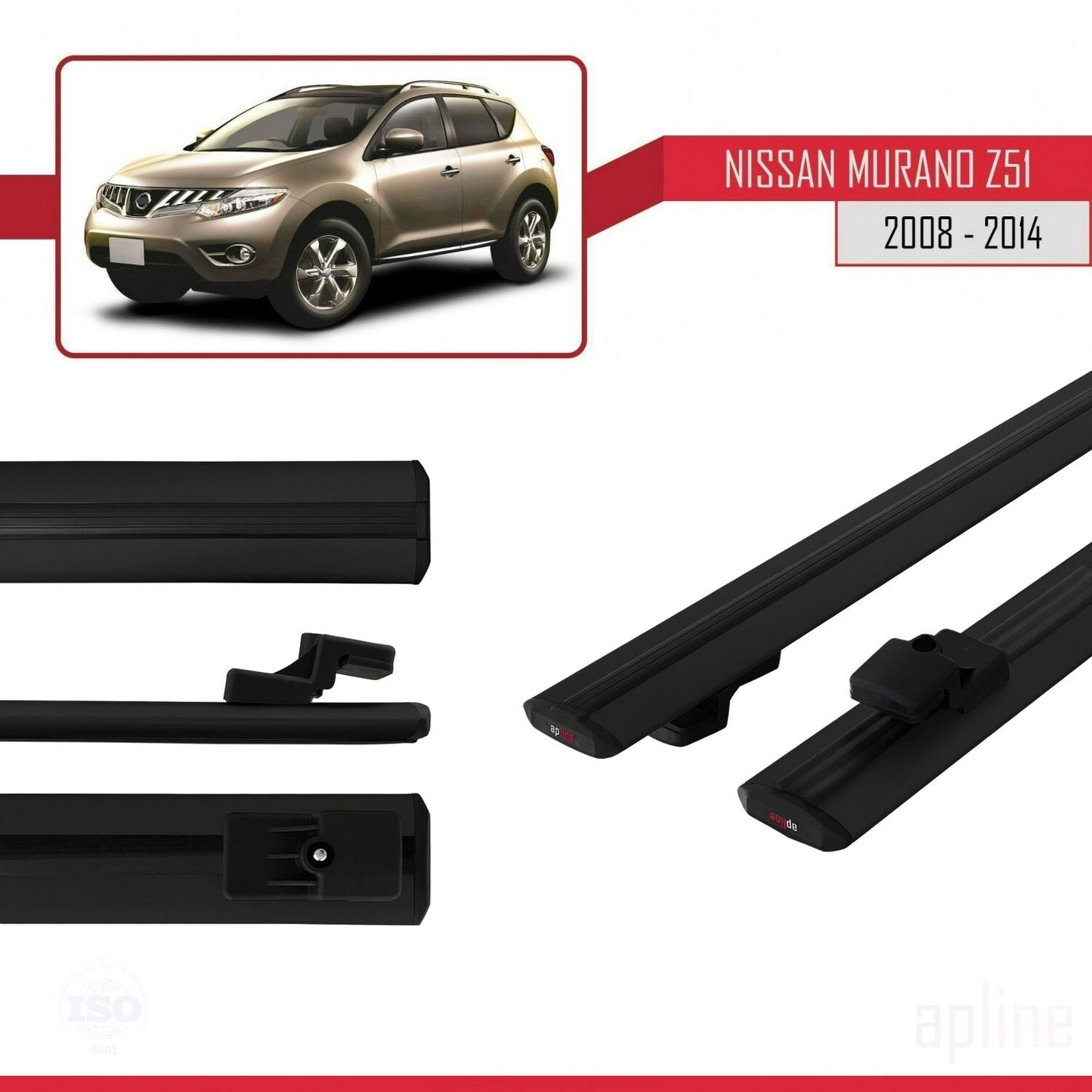Compatible avec Nissan Murano 2 (Z51) 2008-2014 BASIC Model Barres de Toit Railing Porte-Bagages de Voiture Noir Aluminium 2 Barres