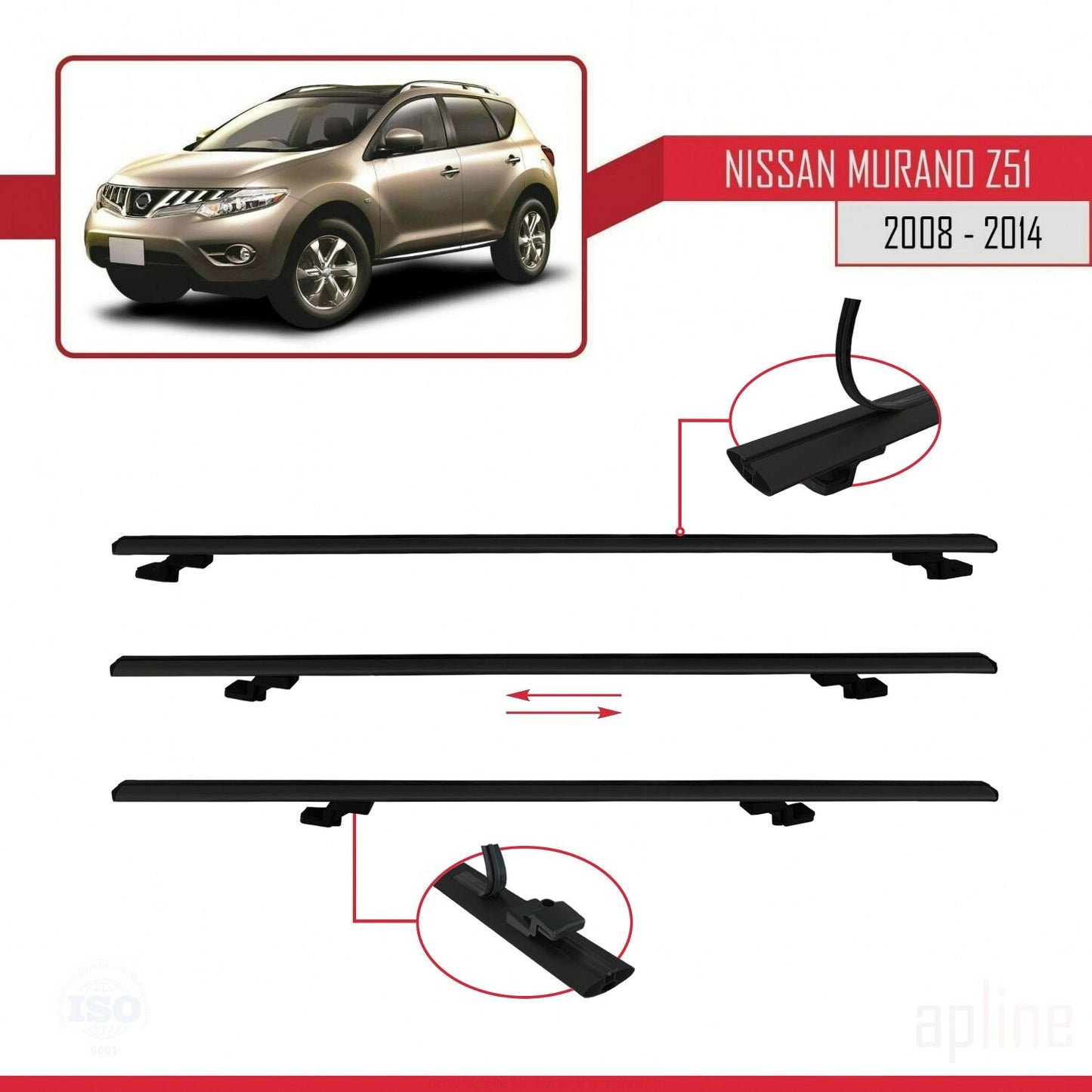 Compatible avec Nissan Murano 2 (Z51) 2008-2014 BASIC Model Barres de Toit Railing Porte-Bagages de Voiture Noir Aluminium 2 Barres