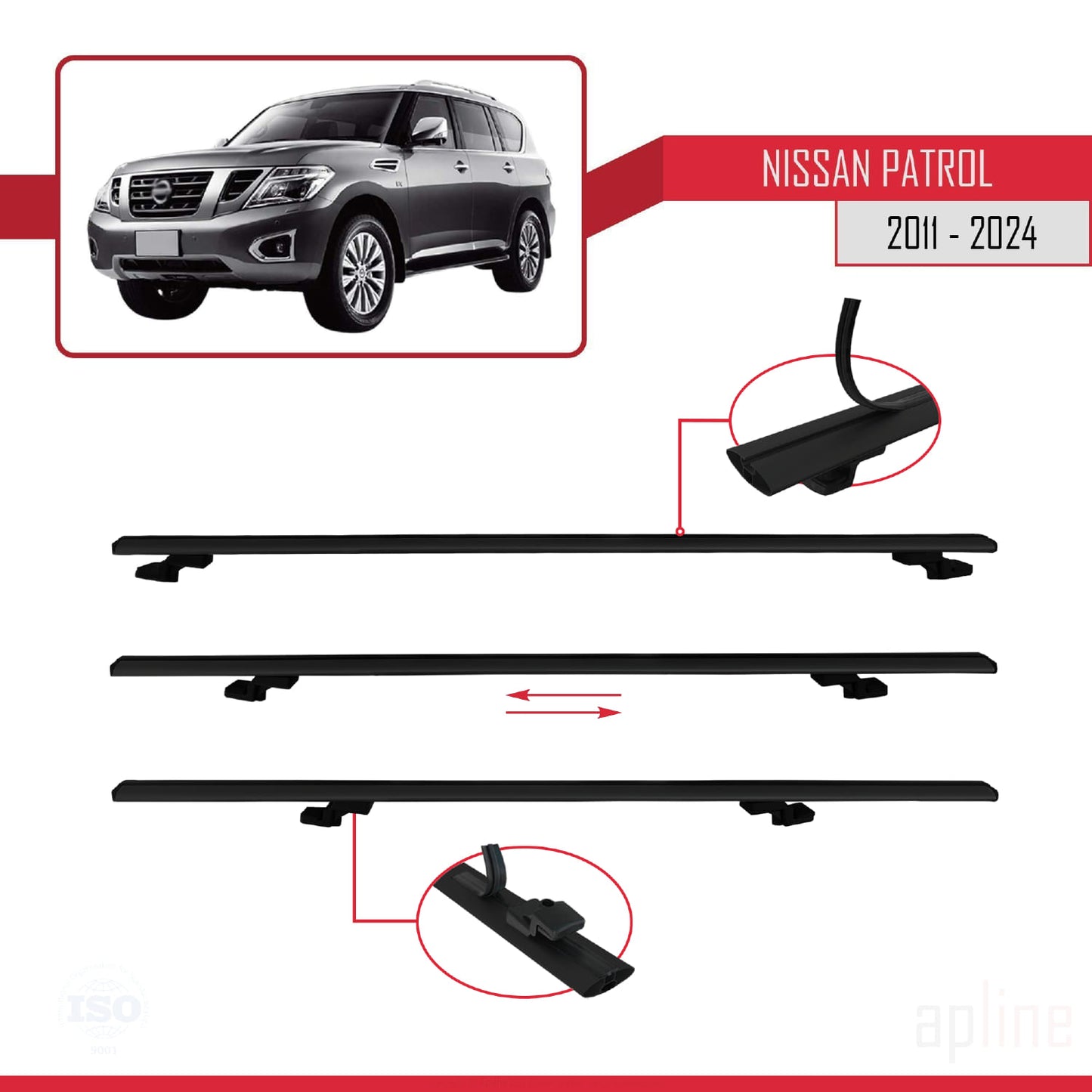 Compatible avec Nissan Patrol 6 (Y62) 2011-2024 BASIC Model Barres de Toit Railing Porte-Bagages de Voiture Noir Aluminium 3 Barres
