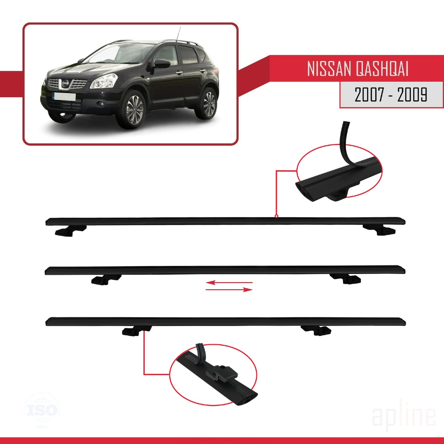 Compatible avec Nissan Qashqai (J10) Pre-Facelift 2007-2009 BASIC Model Barres de Toit Railing Porte-Bagages de Voiture Noir Aluminium 2 Barres