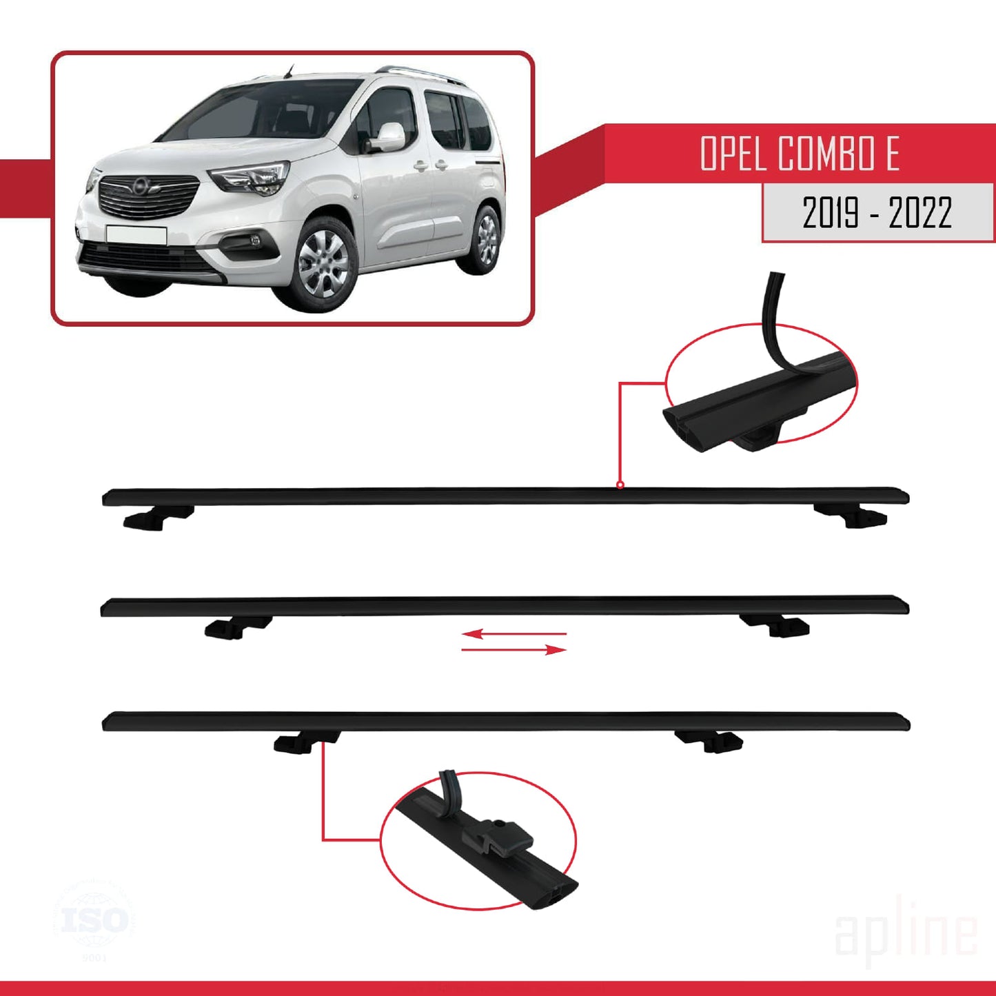 Compatible avec Opel Combo E Life 2019-2022 BASIC Model Barres de Toit Railing Porte-Bagages de Voiture Noir Aluminium 2 Barres