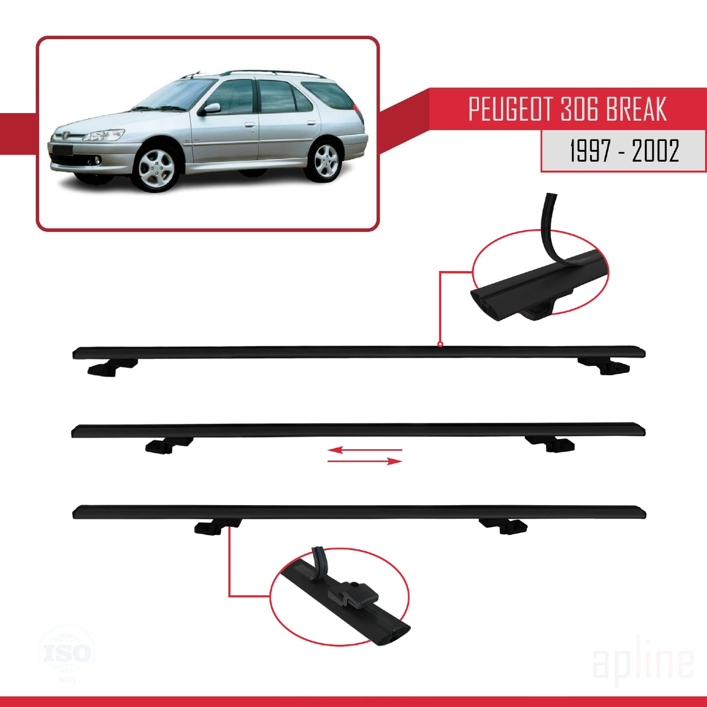 Compatible with Peugeot 306 SW 1997-2002 BASIC Model Car Roof Rack Cross Bar Black Aluminium 3 Bars