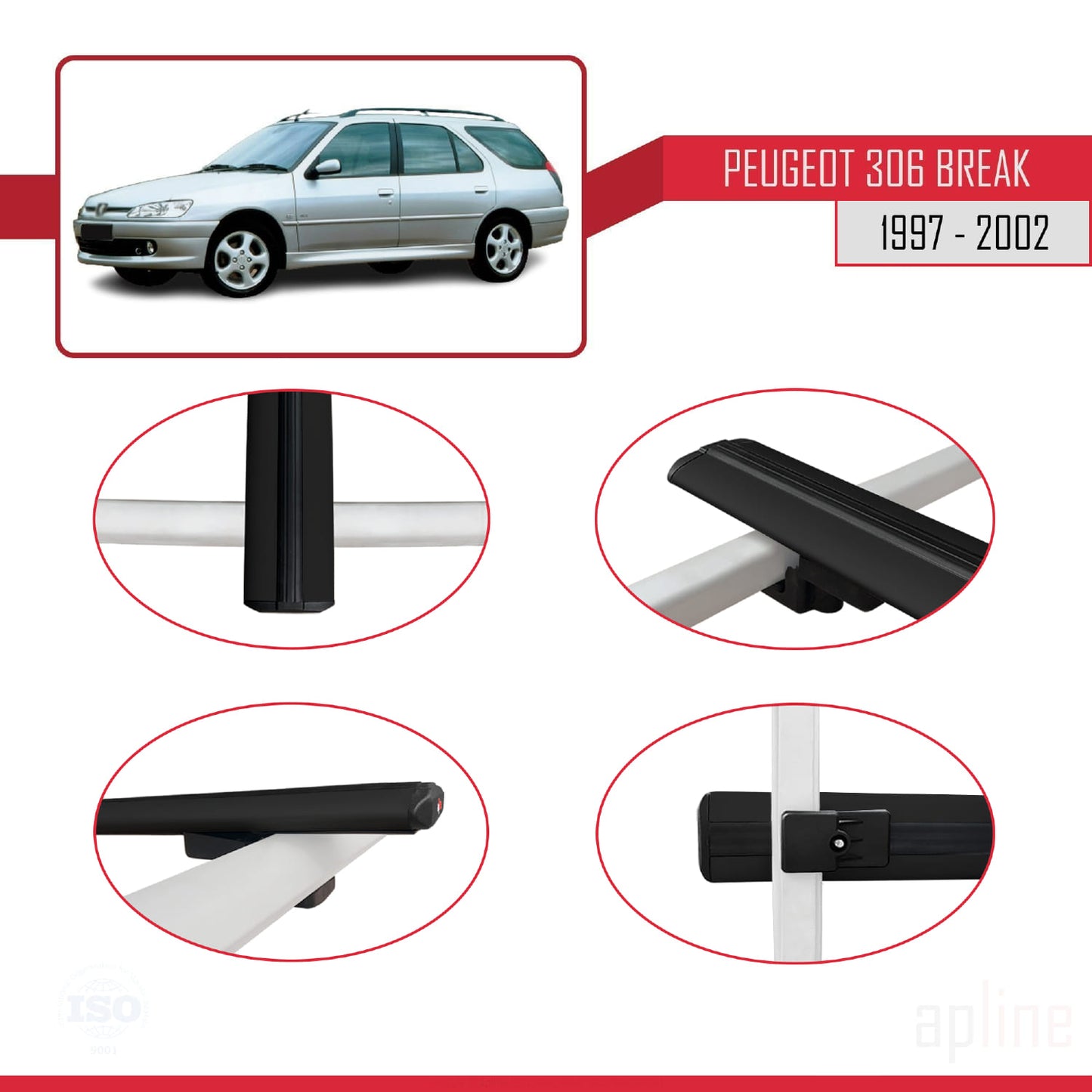 Compatible with Peugeot 306 SW 1997-2002 BASIC Model Car Roof Rack Cross Bar Black Aluminium 2 Bars