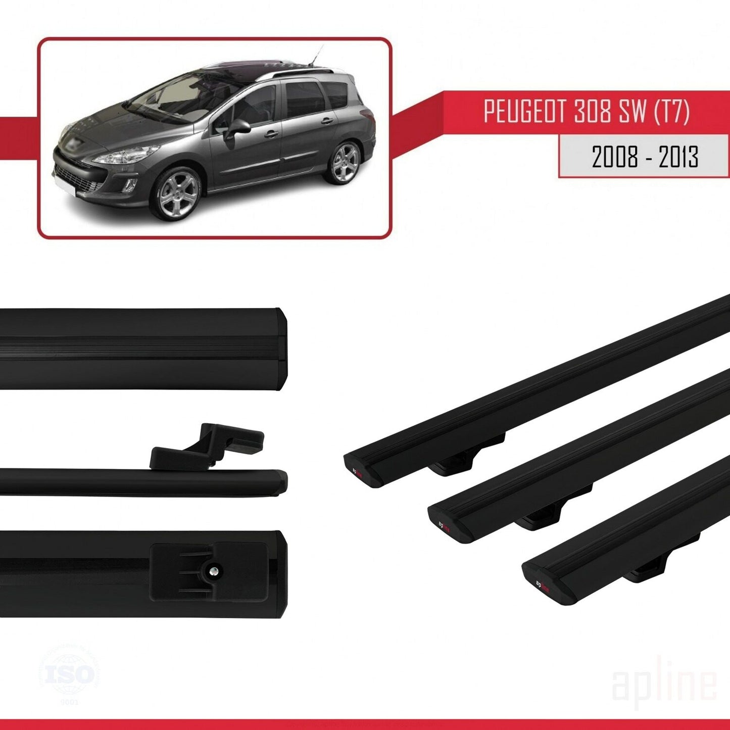 Compatible with Peugeot 308 (T7) SW 2008-2013 BASIC Model Car Roof Rack Cross Bar Black Aluminium 3 Bars