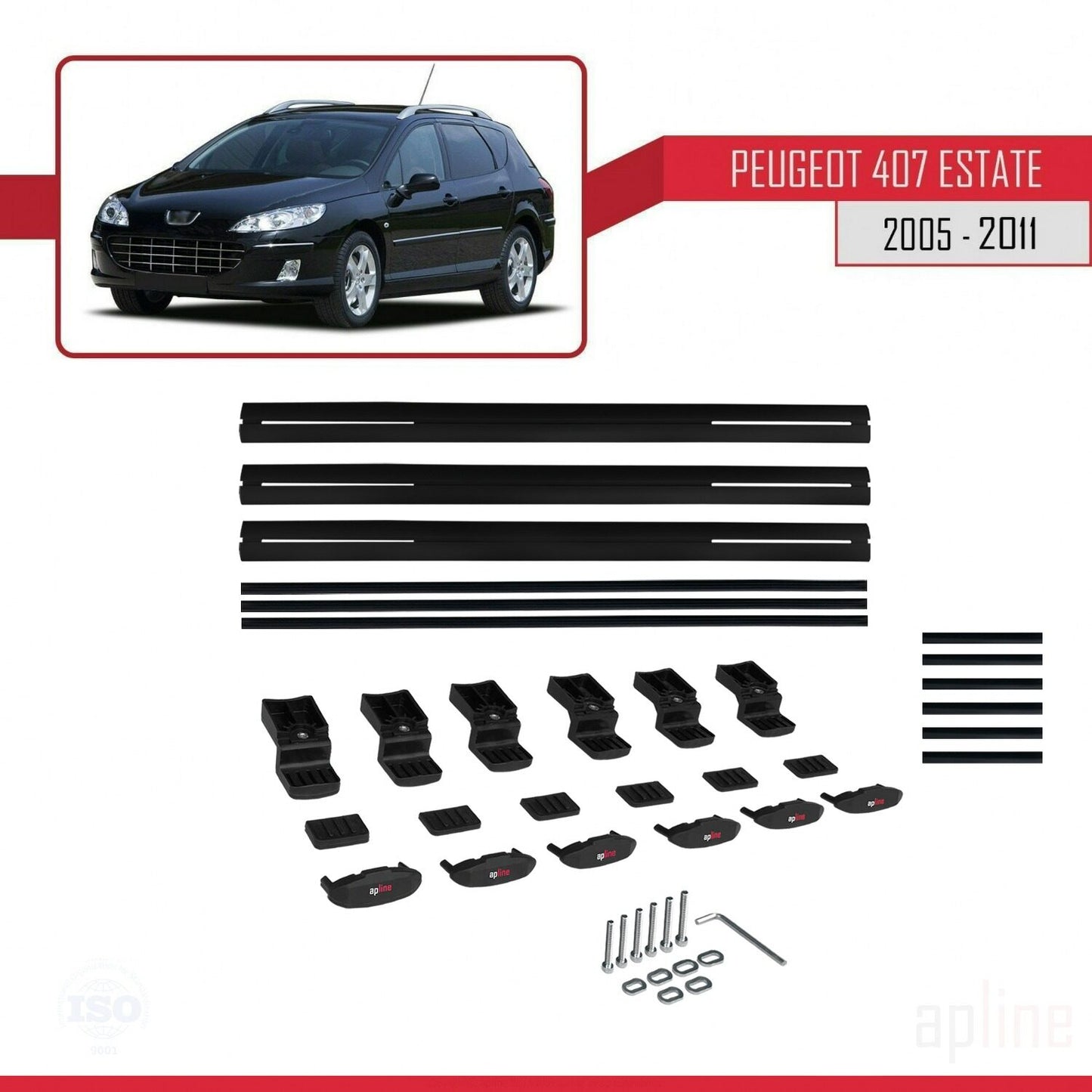 Compatible with Peugeot 407 SW 2005-2011 BASIC Model Car Roof Rack Cross Bar Black Aluminium 3 Bars