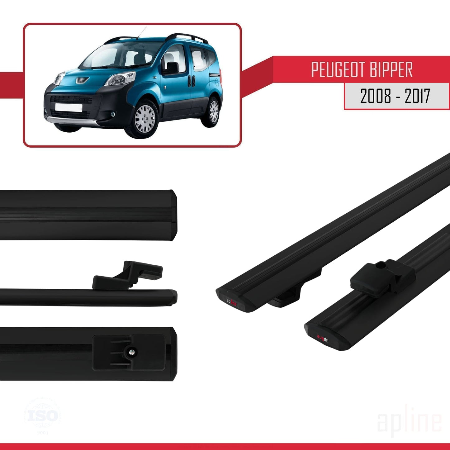 Compatible with Peugeot Bipper 2008-2017 BASIC Model Car Roof Rack Cross Bar Black Aluminium 2 Bars