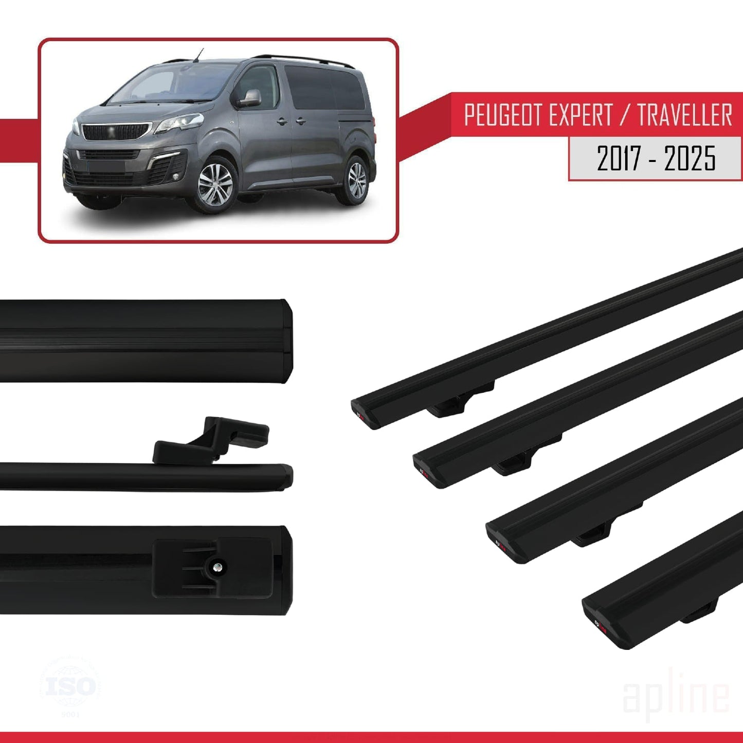 Compatible with Peugeot Expert 3 Traveller 2017-2025 BASIC Model Car Roof Rack Cross Bar Black Aluminium 4 Bars