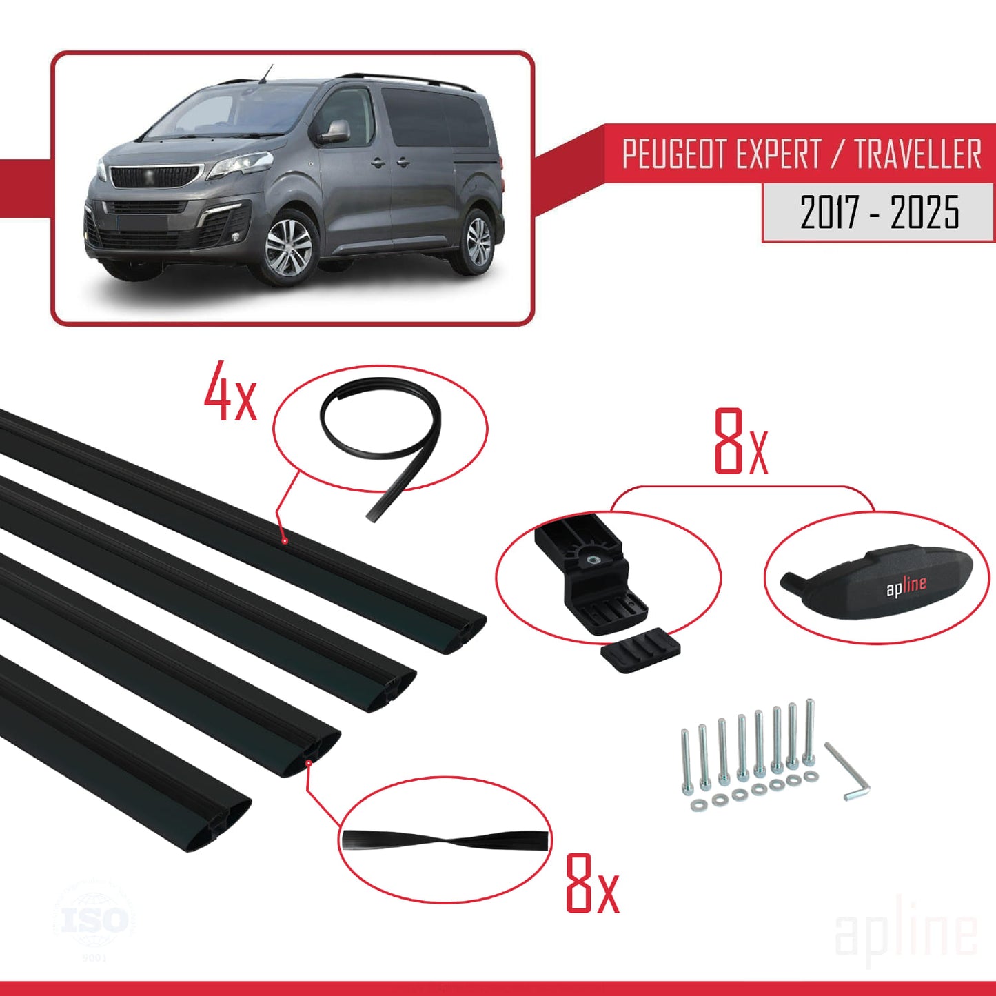 Compatible with Peugeot Expert 3 Traveller 2017-2025 BASIC Model Car Roof Rack Cross Bar Black Aluminium 4 Bars