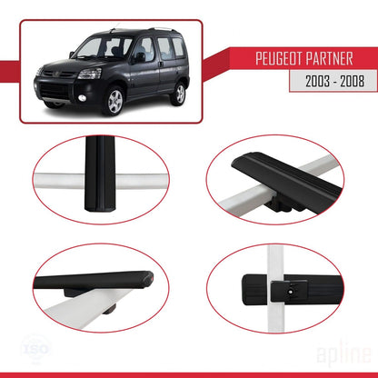 Compatible with Peugeot Partner Post-Facelift 2003-2008 BASIC Model Car Roof Rack Cross Bar Black Aluminium 3 Bars