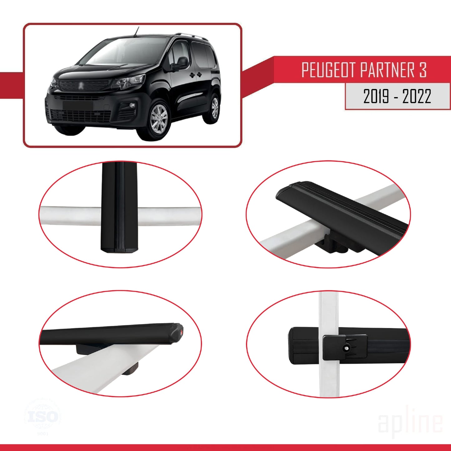 Compatible avec Peugeot Partner 3 2019-2022 BASIC Model Barres de Toit Railing Porte-Bagages de Voiture Noir Aluminium 3 Barres