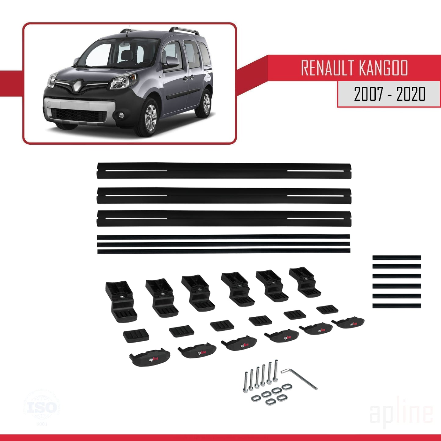 Compatible avec Renault Kangoo 2 (X61) 2007-2020 BASIC Model Barres de Toit Railing Porte-Bagages de Voiture Noir Aluminium 3 Barres