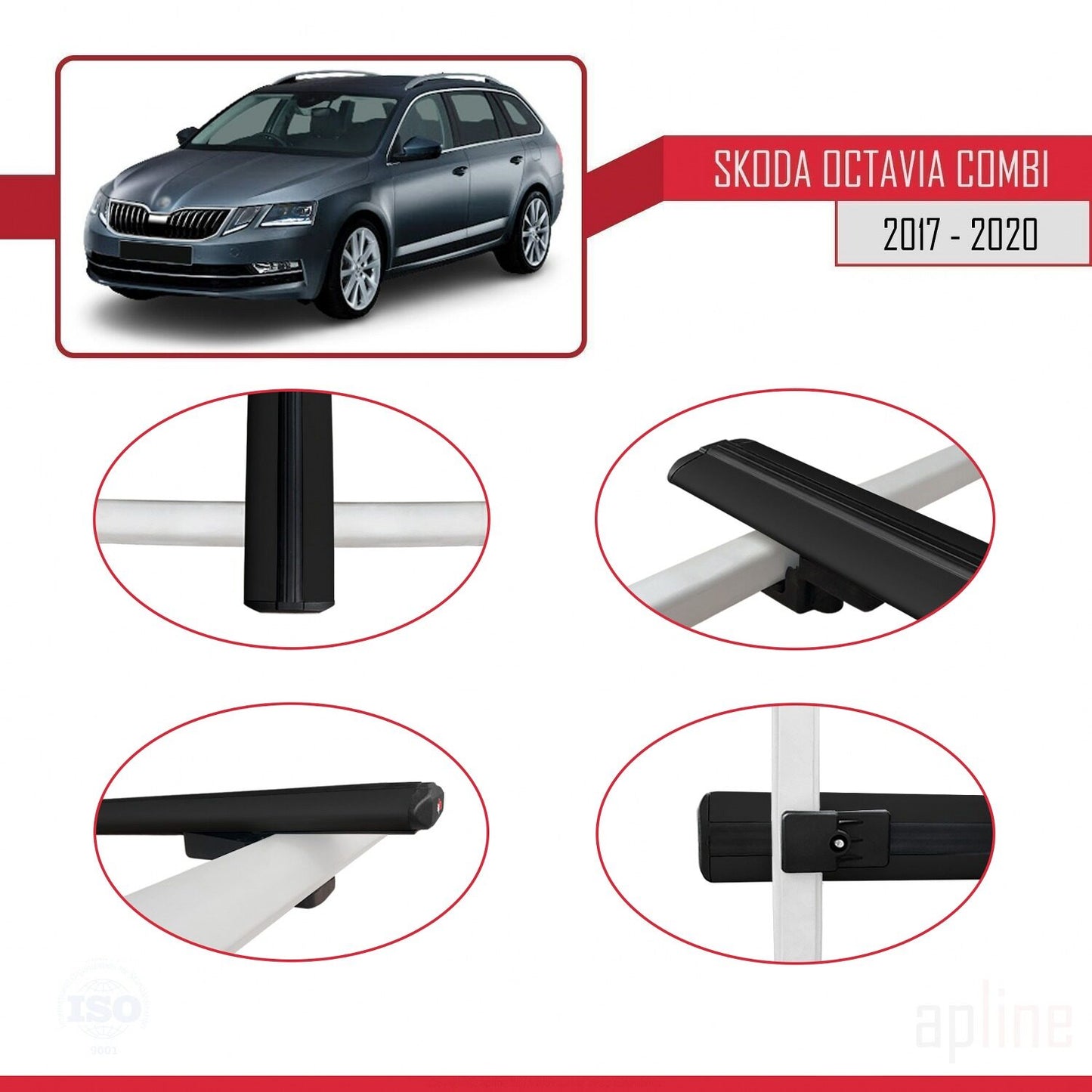 Compatible with Skoda Octavia 3 (5E) SW Post-Facelift 2017-2020 BASIC Model Car Roof Rack Cross Bar Black Aluminium 2 Bars