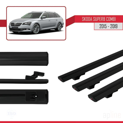 Compatible avec Skoda Superb 3 (3V) Break Pre-Facelift 2015-2019 BASIC Model Barres de Toit Railing Porte-Bagages de Voiture Noir Aluminium 3 Barres