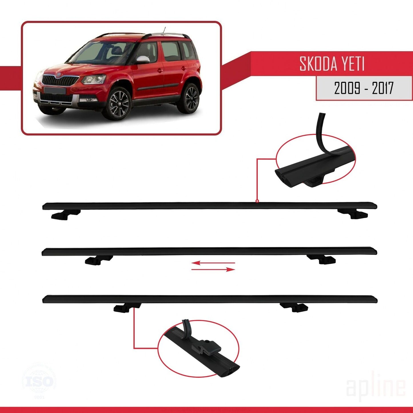 Compatible avec Skoda Yeti 2009-2017  BASIC Model Barres de Toit Railing Porte-Bagages de Voiture Noir Aluminium 2 Barres