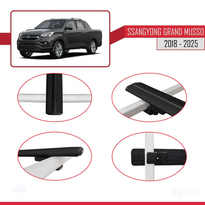 Compatible avec Ssangyong Grand Musso 2018-2025 BASIC Model Barres de Toit Railing Porte-Bagages de Voiture Noir Aluminium 2 Barres