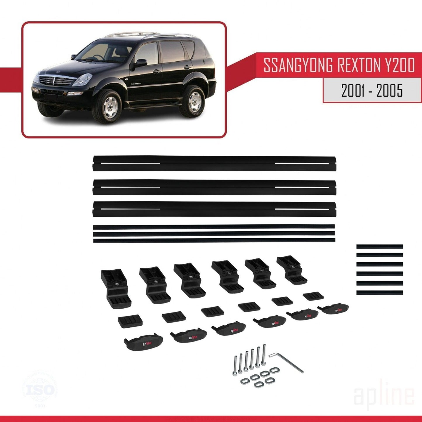 Compatible with Ssangyong Rexton (Y200) 2001-2005 BASIC Model Car Roof Rack Cross Bar Black Aluminium 3 Bars
