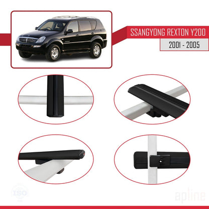 Compatible with Ssangyong Rexton (Y200) 2001-2005 BASIC Model Car Roof Rack Cross Bar Black Aluminium 2 Bars