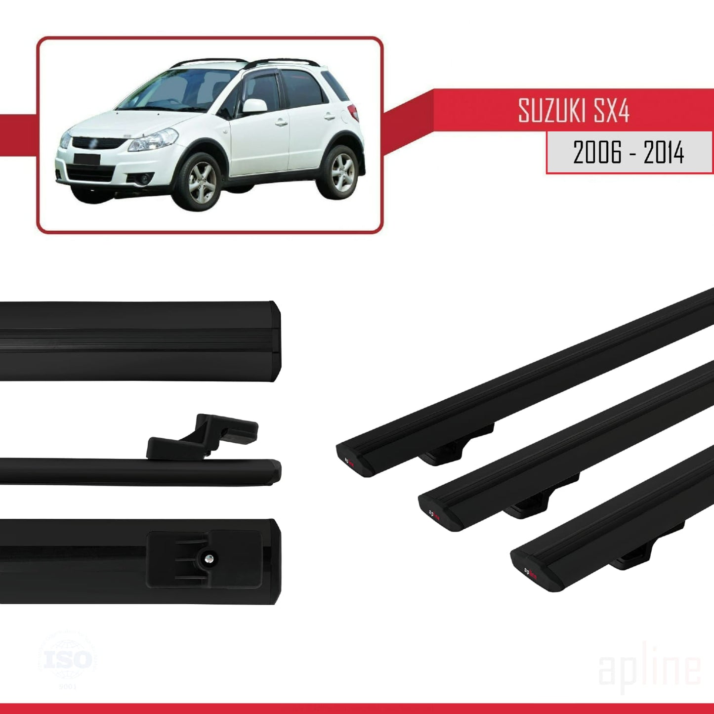 Compatible avec Suzuki SX4 II (JY) 2006-2014 BASIC Model Barres de Toit Railing Porte-Bagages de Voiture Noir Aluminium 3 Barres