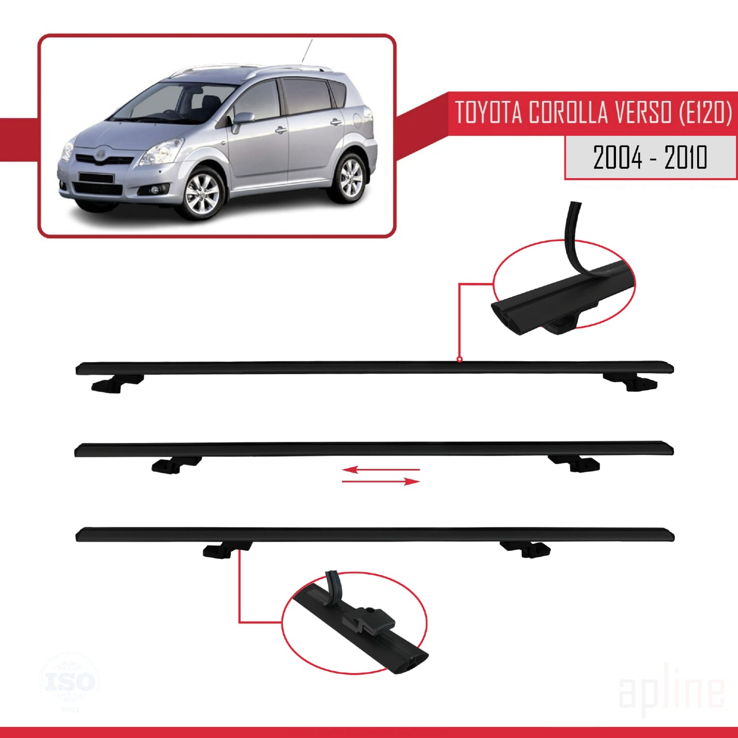 Compatible avec Toyota Corolla Verso 2 (AR10) 2004-2010 BASIC Model Barres de Toit Railing Porte-Bagages de Voiture Noir Aluminium 3 Barres