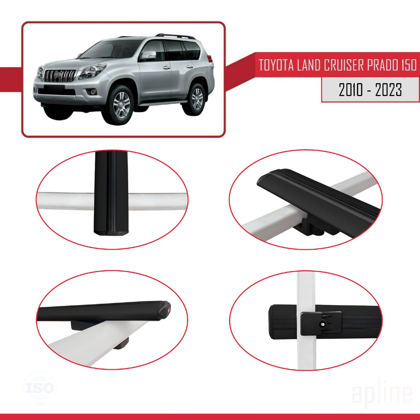 Compatible avec Toyota Land Cruiser Prado (J150) 2010-2023 BASIC Model Barres de Toit Railing Porte-Bagages de Voiture Noir Aluminium 3 Barres