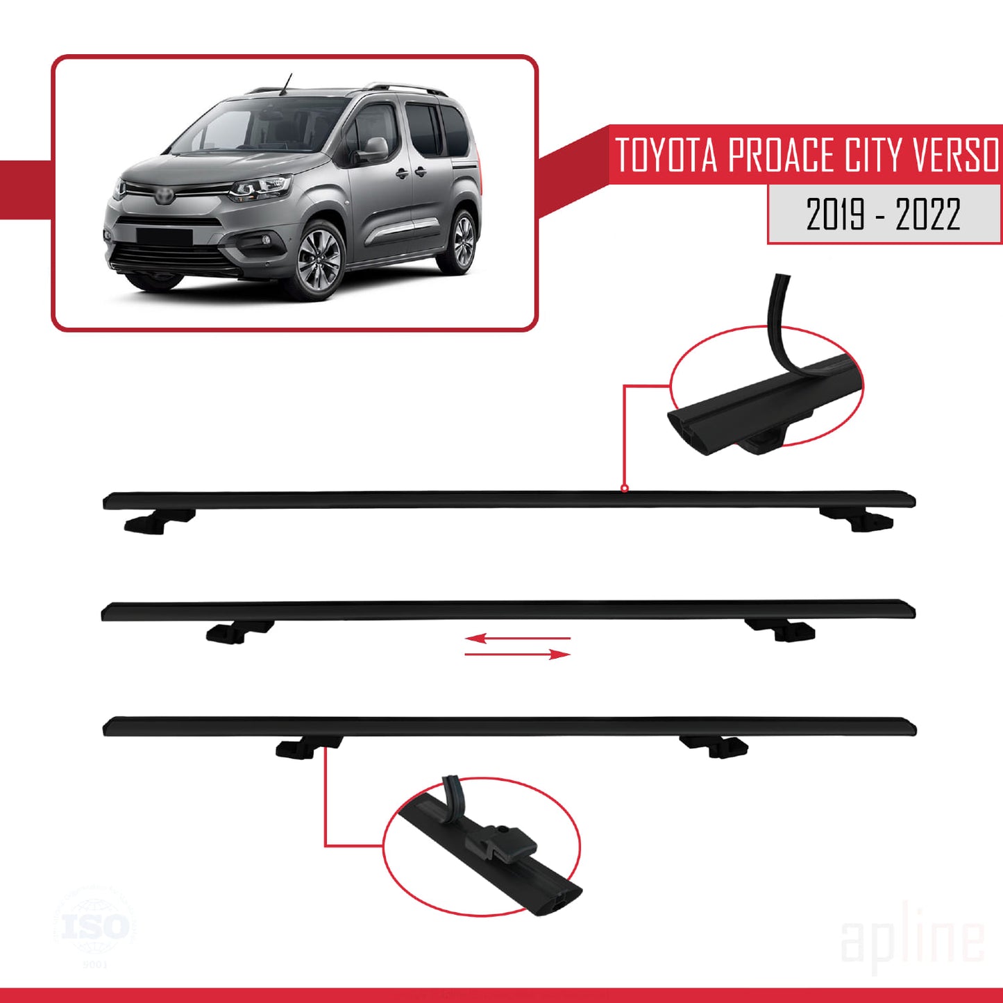 Compatible avec Toyota Proace City Verso 2019-2022 BASIC Model Barres de Toit Railing Porte-Bagages de Voiture Noir Aluminium 3 Barres