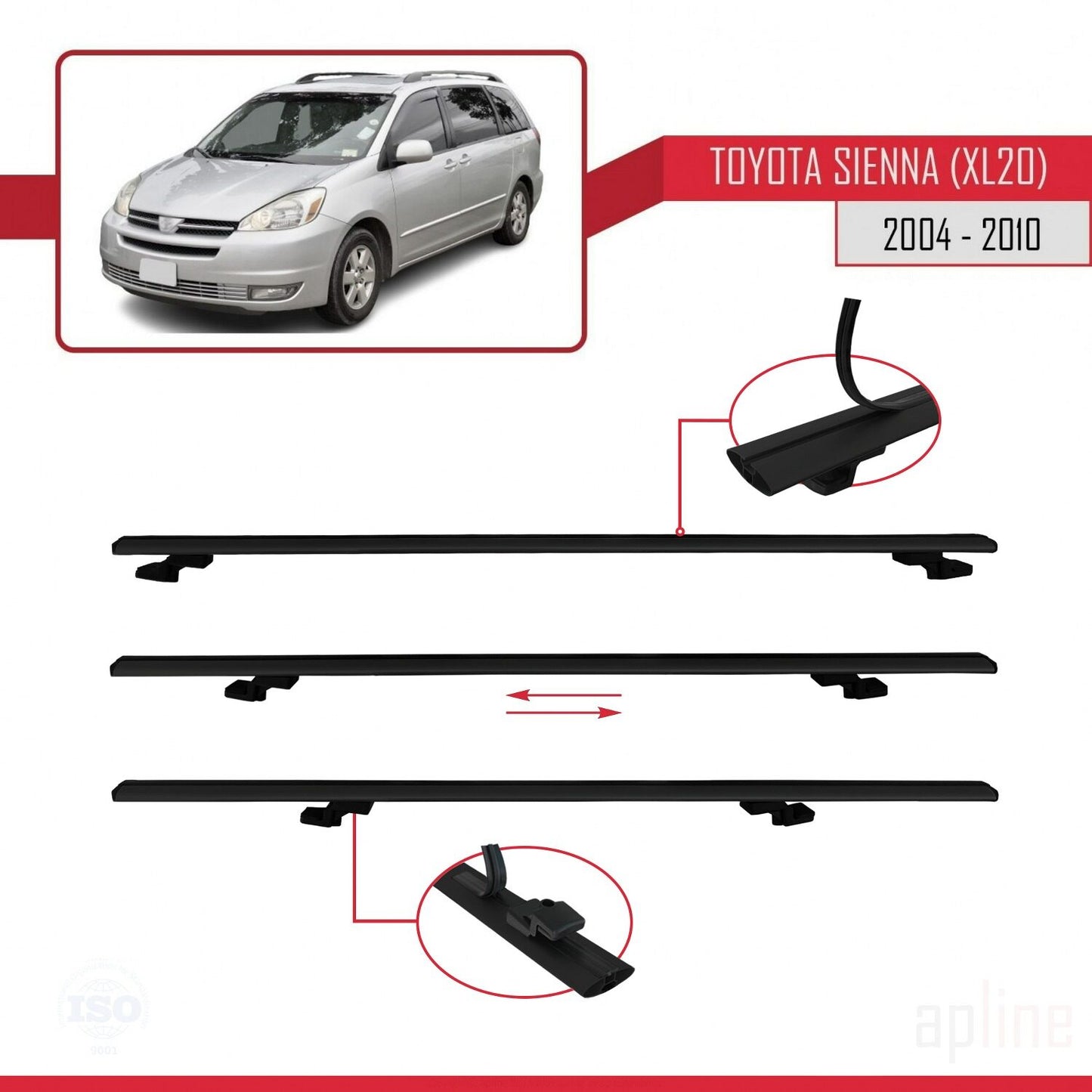 Compatible avec Toyota Sienna 2 (XL20) 2004-2010 BASIC Model Barres de Toit Railing Porte-Bagages de Voiture Noir Aluminium 2 Barres