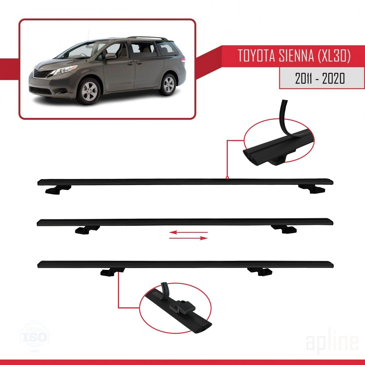 Compatible avec Toyota Sienna 3 (XL30) 2011-2020 BASIC Model Barres de Toit Railing Porte-Bagages de Voiture Noir Aluminium 2 Barres
