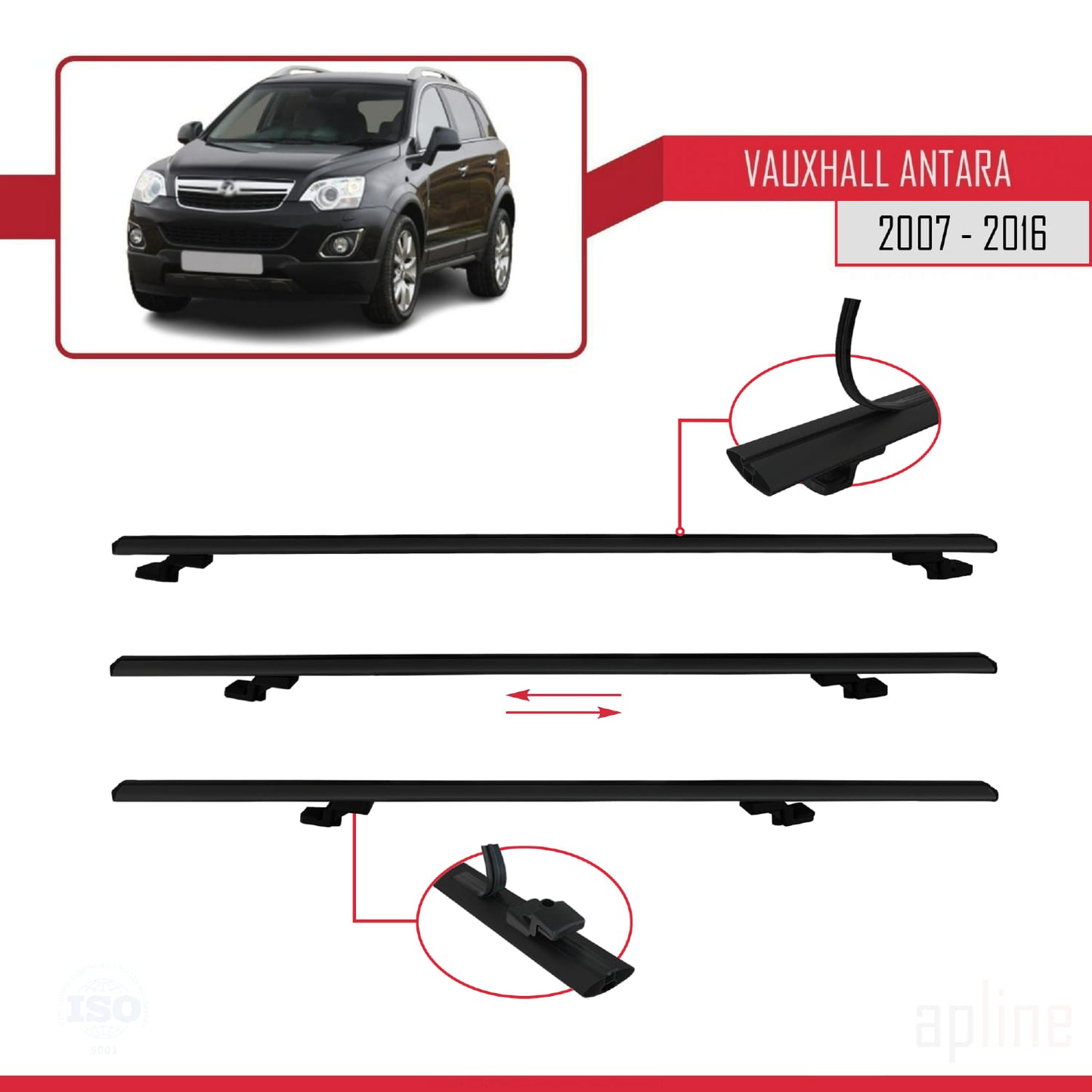 Compatible avec Vauxhall Antara 2007-2016 BASIC Model Barres de Toit Railing Porte-Bagages de Voiture Noir Aluminium 2 Barres