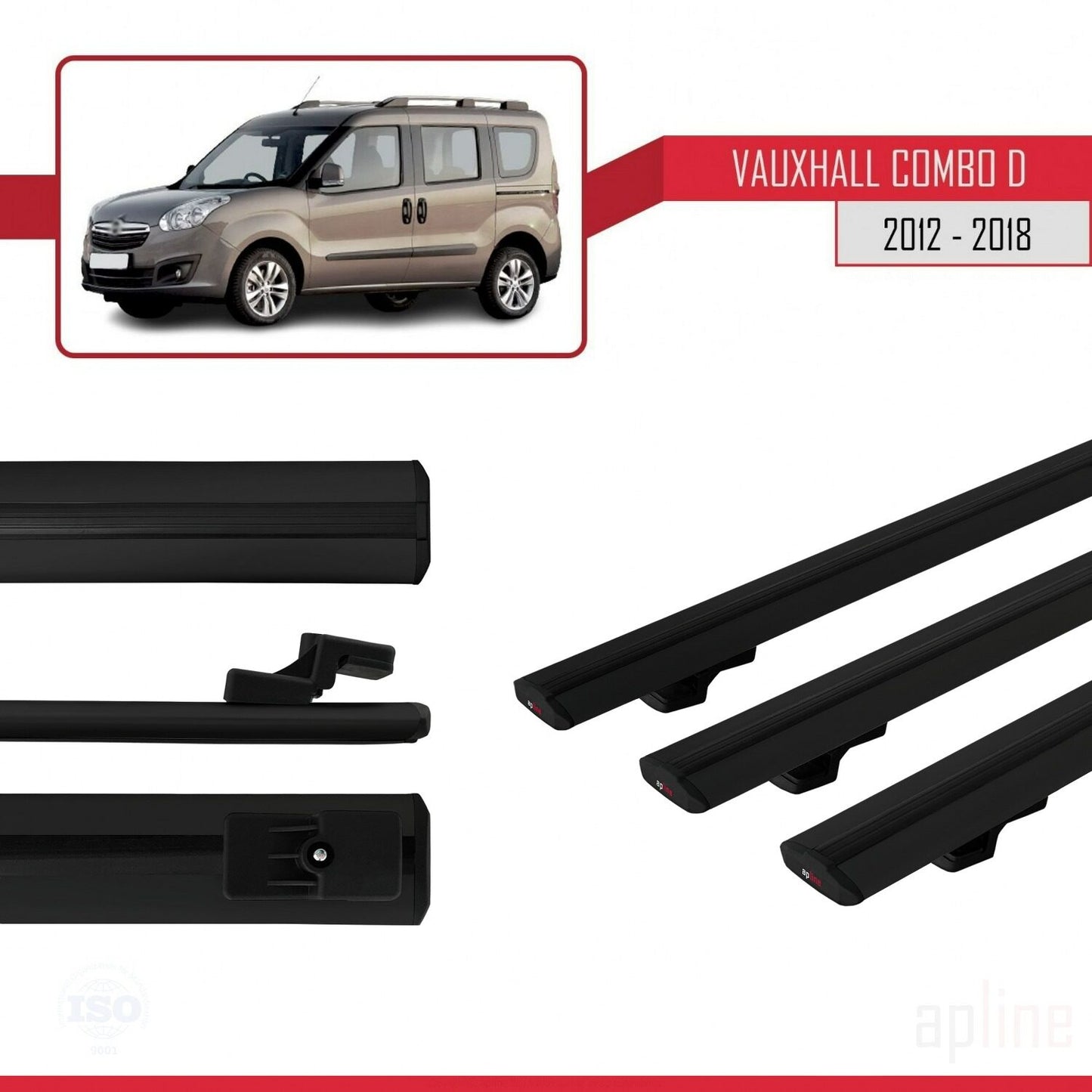 Compatible avec Vauxhall Combo D 2012-2018 BASIC Model Barres de Toit Railing Porte-Bagages de Voiture Noir Aluminium 3 Barres