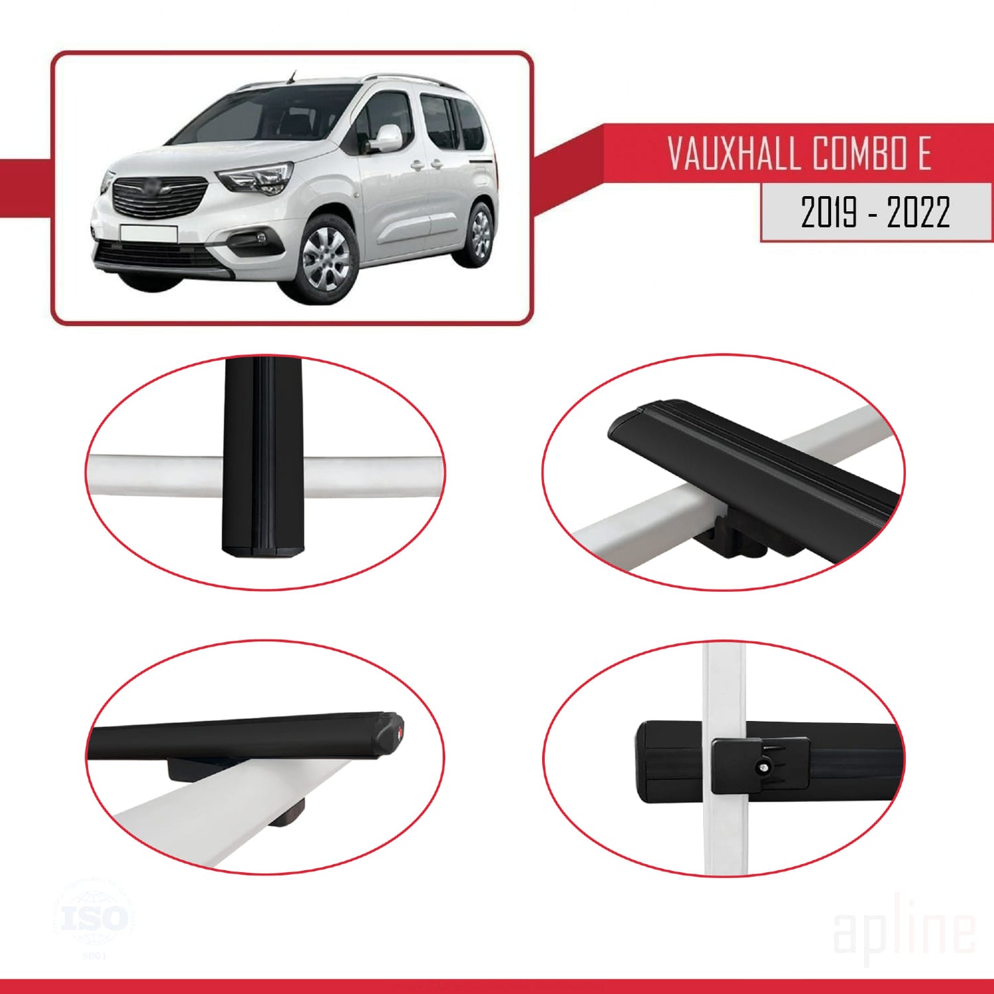 Compatible avec Vauxhall Combo E Life 2019-2022 BASIC Model Barres de Toit Railing Porte-Bagages de Voiture Noir Aluminium 2 Barres