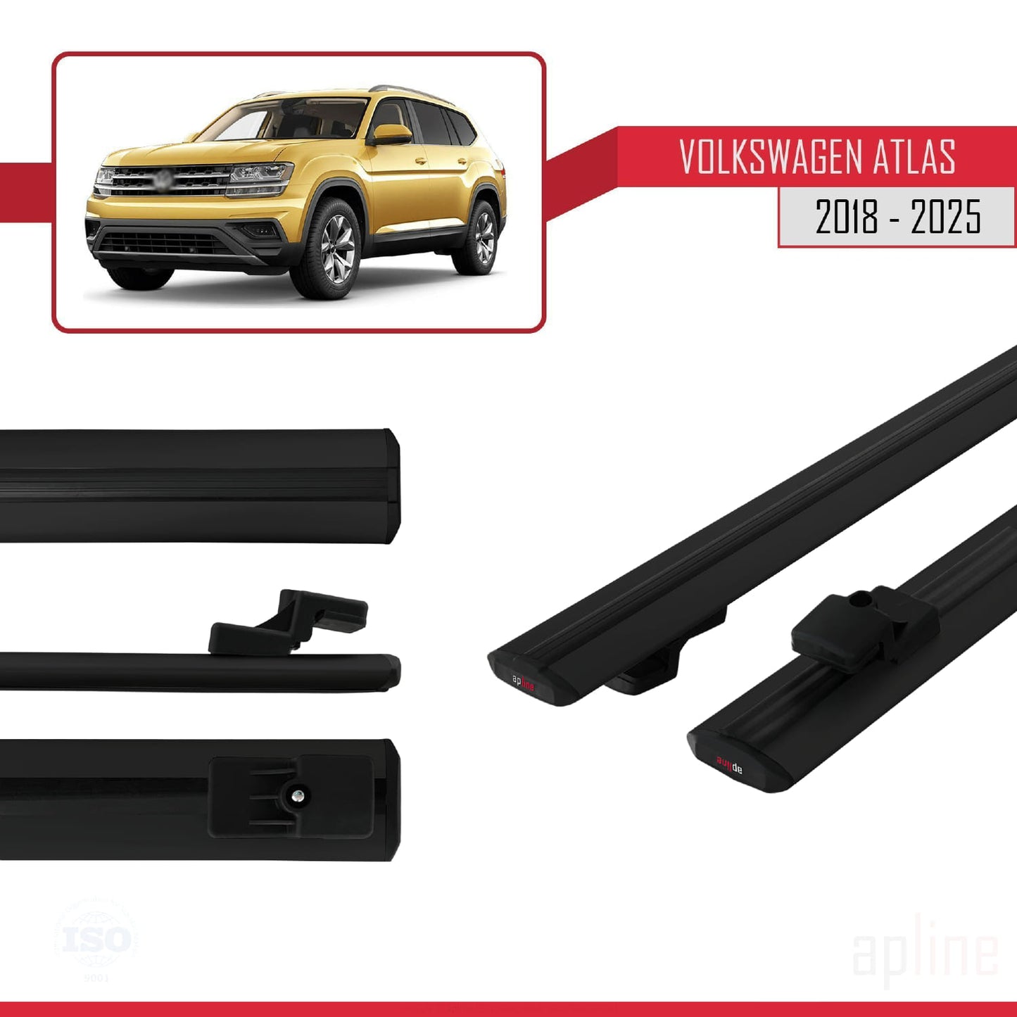 Compatible avec Volkswagen Atlas (CA1) 2018-2025 BASIC Model Barres de Toit Railing Porte-Bagages de Voiture Noir Aluminium 2 Barres