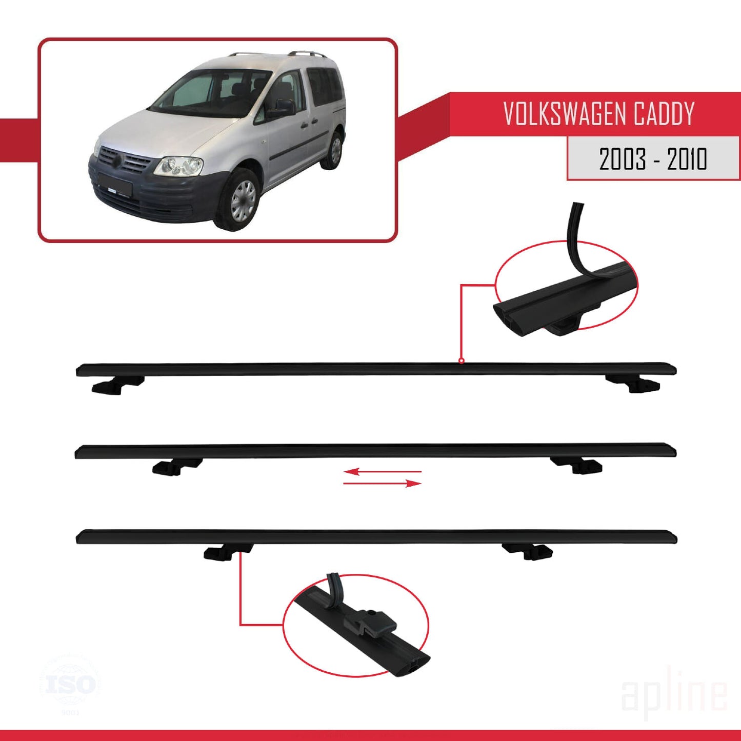 Compatible avec Volkswagen Caddy 3 (2K) 2003-2010 BASIC Model Barres de Toit Railing Porte-Bagages de Voiture Noir Aluminium 4 Barres