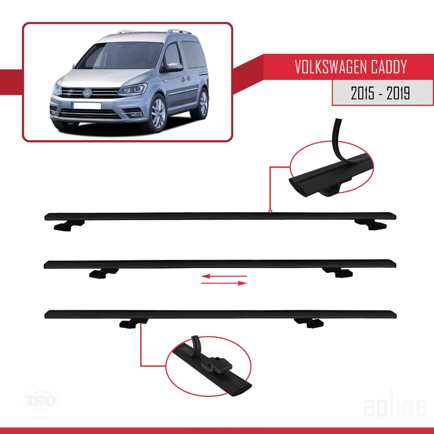 Compatible avec Volkswagen Caddy 3 (SA) 2015-2019 BASIC Model Barres de Toit Railing Porte-Bagages de Voiture Noir Aluminium 4 Barres